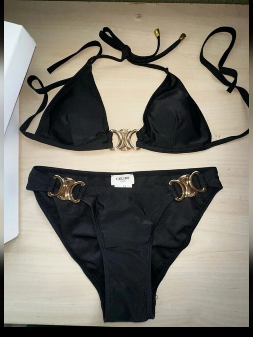 🔥NWT‼️✨CELINE✨ Black Bikini with Gold Triomphe Emblem Size XS to S